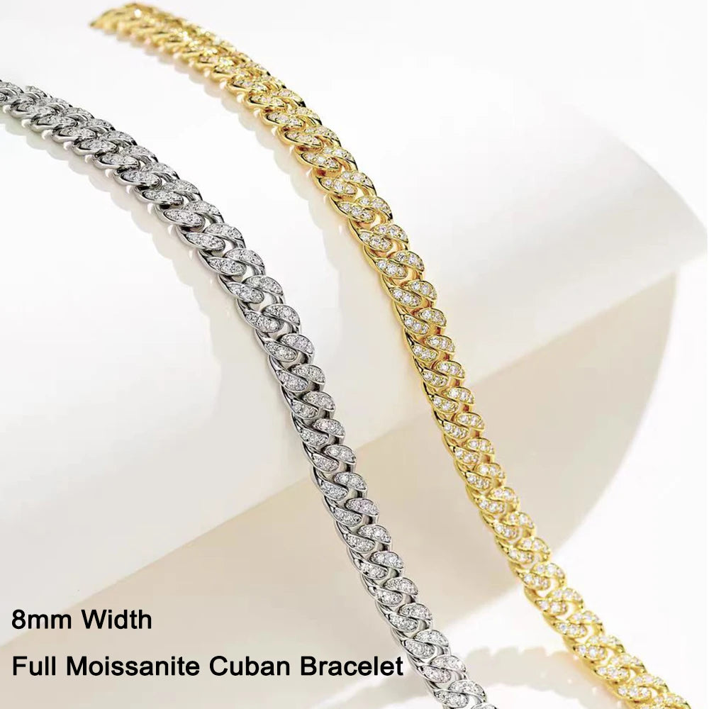 8Mm Cuban Chain Bracelet Real Full Moissanite for Men D Color VVS1 Diamond White Gold Plated 925 Sterling Silver Hip Hop Jewelry