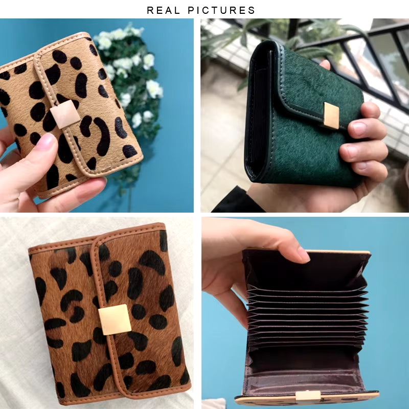 Women Short Wallet Horse Fur Coin Purse Female Clutches Leopard Wallet Card Holder Female Purse Brown Red Wallet