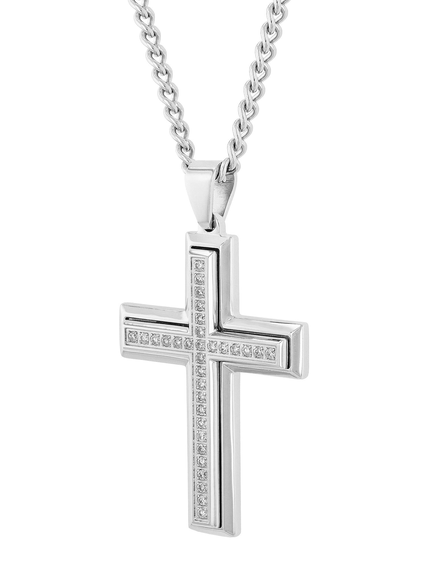 Mens 1/2 Ct Diamond/Stainless Steel Cross Pendant Necklace