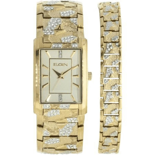 Men’s Elgin Gold/Crystal Bark Design Watch/Bracelet Set (FG16001GTST)