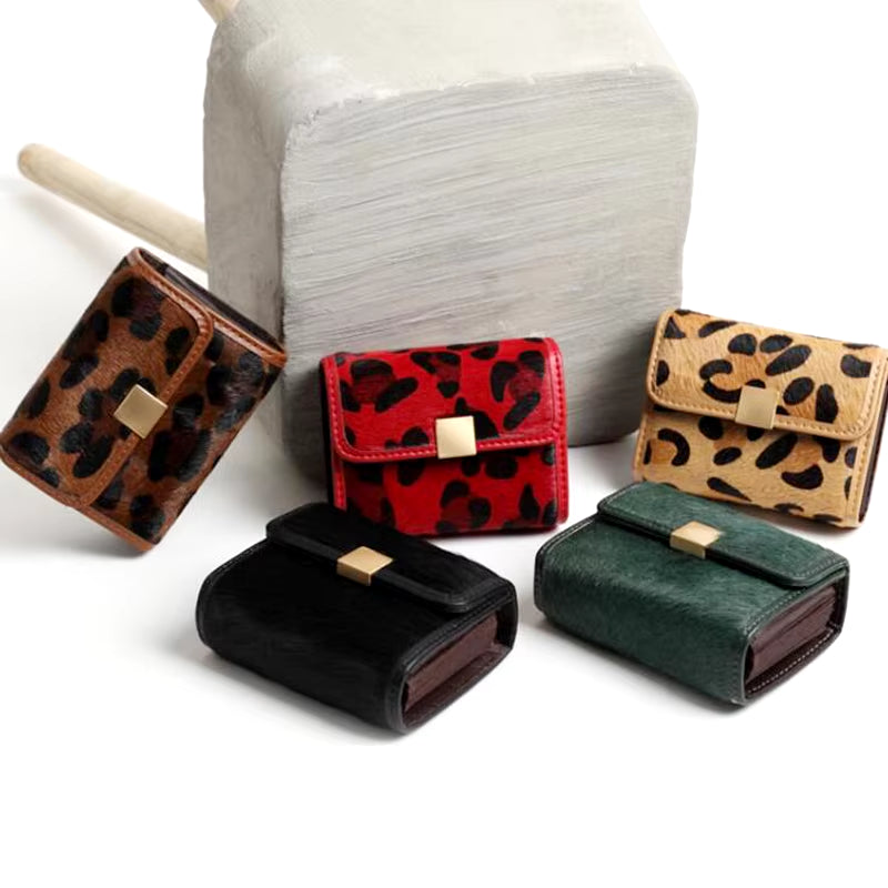 Women Short Wallet Horse Fur Coin Purse Female Clutches Leopard Wallet Card Holder Female Purse Brown Red Wallet