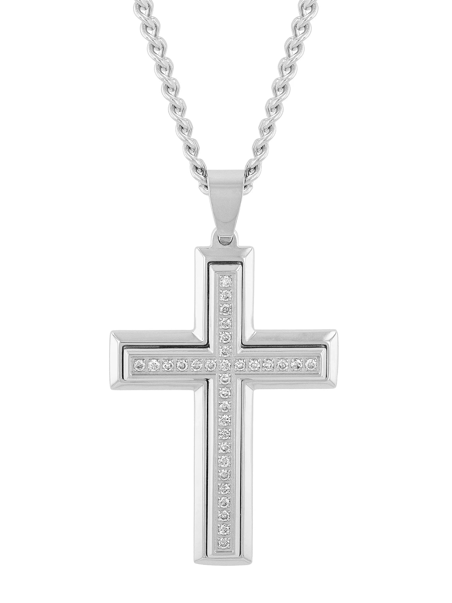 Mens 1/2 Ct Diamond/Stainless Steel Cross Pendant Necklace