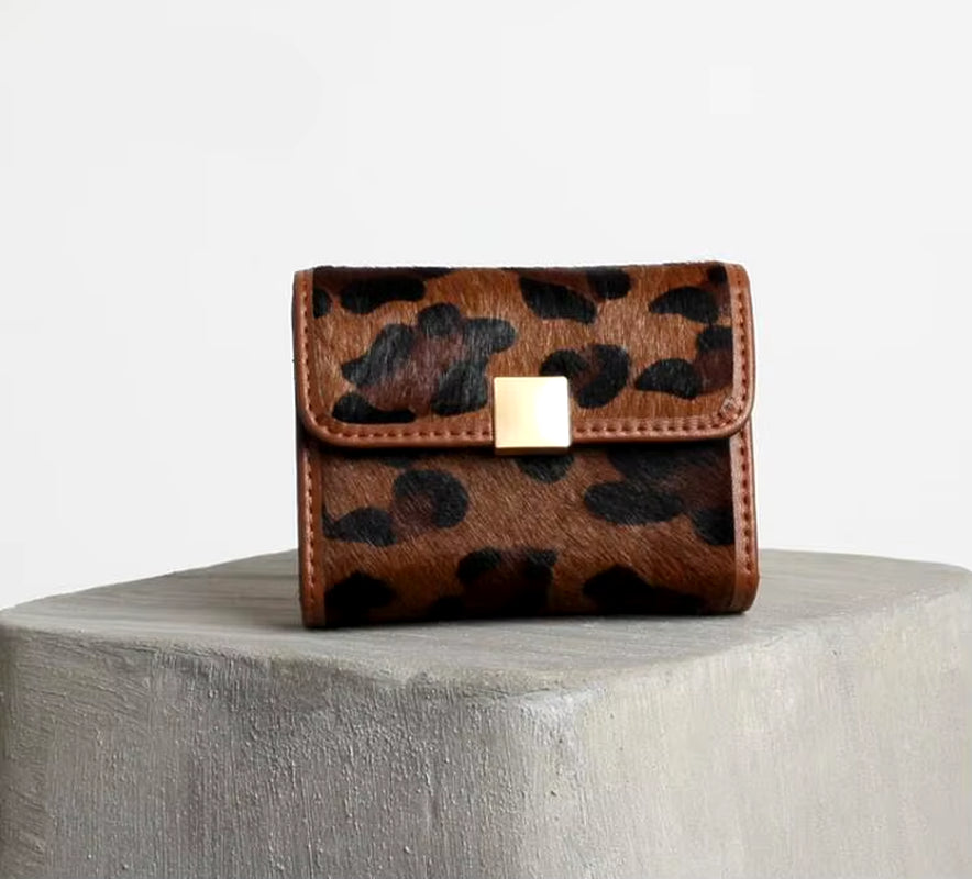 Women Short Wallet Horse Fur Coin Purse Female Clutches Leopard Wallet Card Holder Female Purse Brown Red Wallet