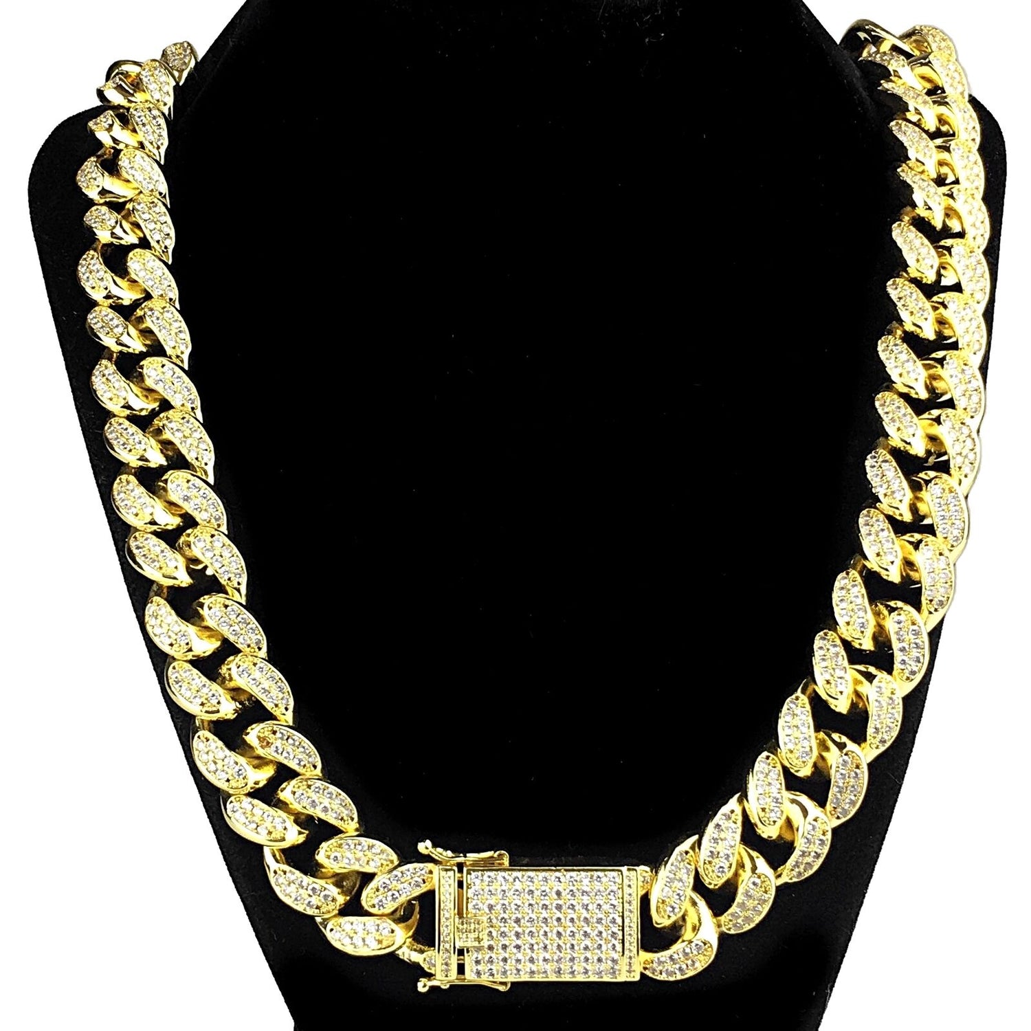 14K Gold Plated Cuban Link Chain Heavy Simulated CZ Hip Hop Necklace 19MM 24"