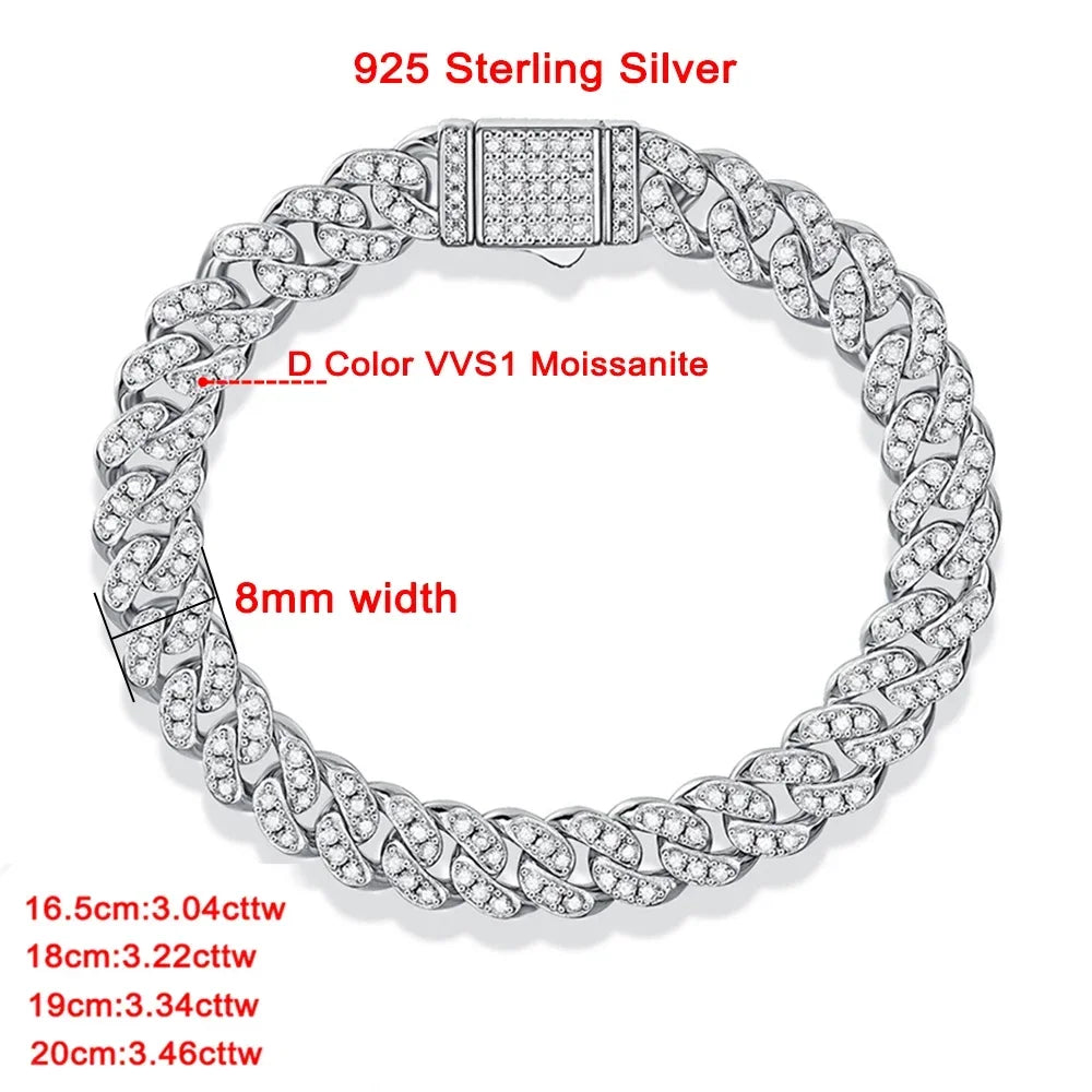 8Mm Cuban Chain Bracelet Real Full Moissanite for Men D Color VVS1 Diamond White Gold Plated 925 Sterling Silver Hip Hop Jewelry